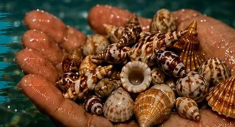 A cupped hand full of small striped whelk and cone shells collected during a night shelling tour, water lit blue-green behind it.